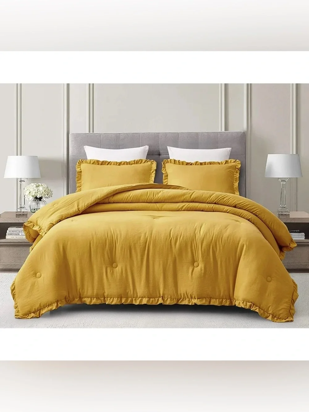 Mustard Yellow Ruffled king 3 piece Comforter Set